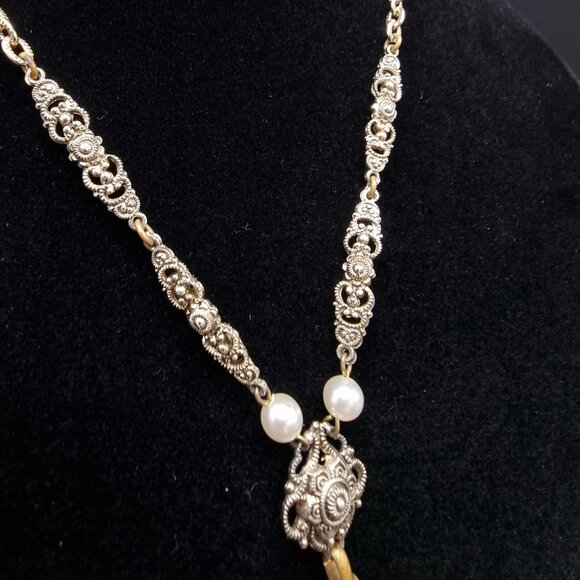 Vintage West Germany 1960s Gold-Tone Filigree Pendant Necklace With Blue Swirl G - Picture 7 of 8